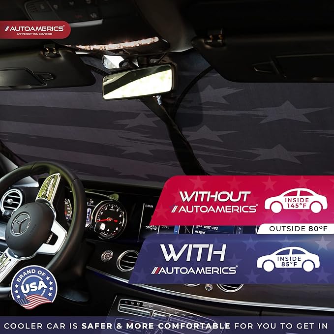 Autoamerics 1-Piece Windshield Sun Shade B&W Art American Flag USA Design - Foldable Car Front Window Sunshade for Most Sedans SUV Truck - Blocks Max UV Rays and Keeps Your Vehicle Cool - Large