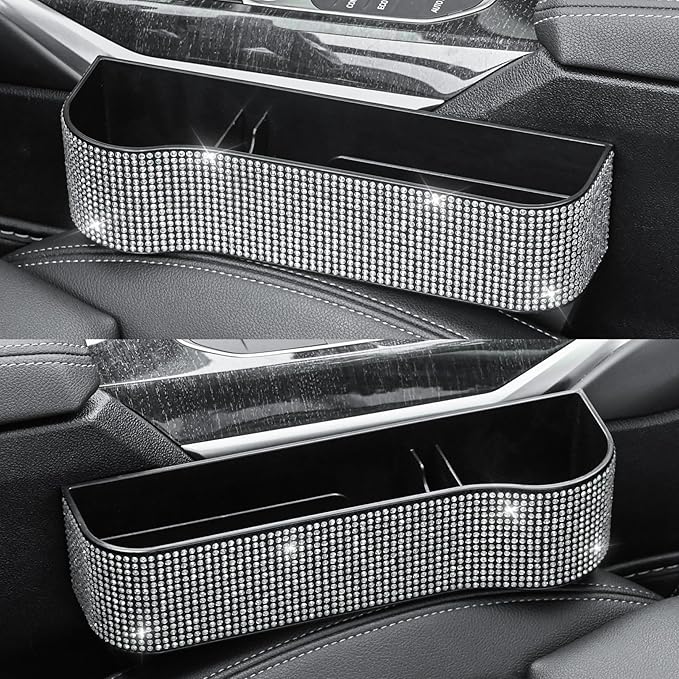 2Pcs Car Seat Gap Filler Organizer, Bling Bling Car Seat Organizer with Cup Holders & Charging Hole, Console Storage with Crystal Rhinestones Diamond