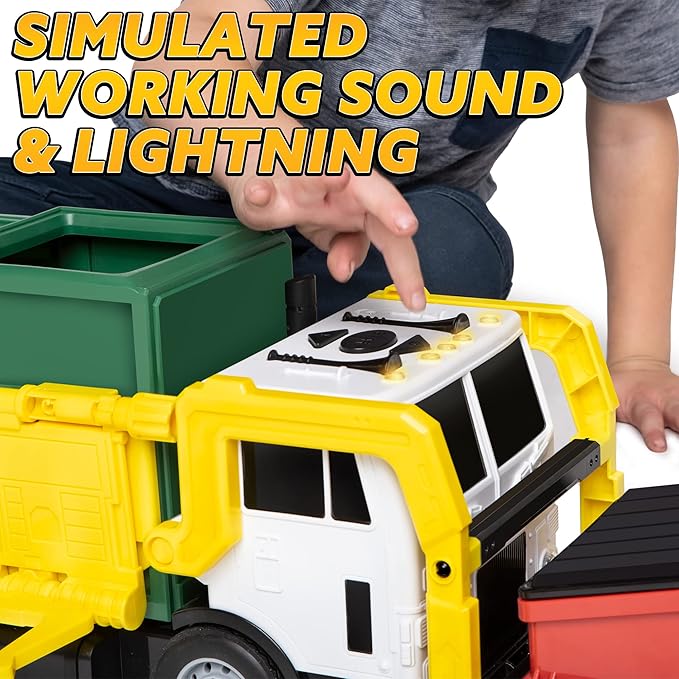 JOYIN Large Friction Powered Garbage Truck Toy Set, Includes 1 Dumpster, 3 Trash Bins, and 30 Learning Cards for Kids, Boy Toys Birthday Gift, Green