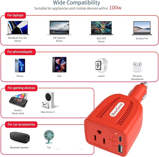 HearGrow100w Car Power Inverter, 12V DC to 110V AC Vehicles Converter with USB Ports，Plug Adapter Outlet and Fast Charging PD3.0 Type-C for Phones, Pads, Laptops and Computer Charger(Orange)