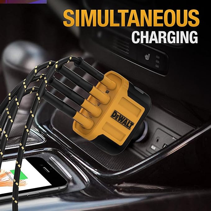 DEWALT Heavy Duty 4 Port USB C Car Charger Multiport, Fast 60W USB Cigarette Lighter Adapter, PD Type C Multi Car Phone Charger, Cell Phone Automobile Chargers Compatible iPhone 17/16/15 Samsung