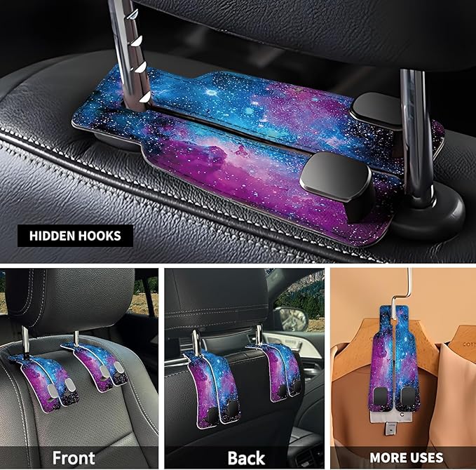 Car Seat Headrest Hook, Universal Leather Cute Hanger Holder Hook, Storage Organizer Interior Accessories for Purse Bags Handbag Purple Universe