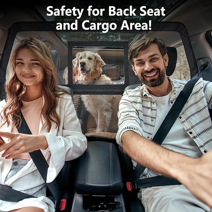 50" Pet Dog Car Barrier with Removable Visual Window, Pet Barrier for Car Escape-Proof, Back Seat Divider & Cargo Area Gate, Durable Dog Net for Car, Ideal for Trucks, SUV & Mid-Sized Vehicle