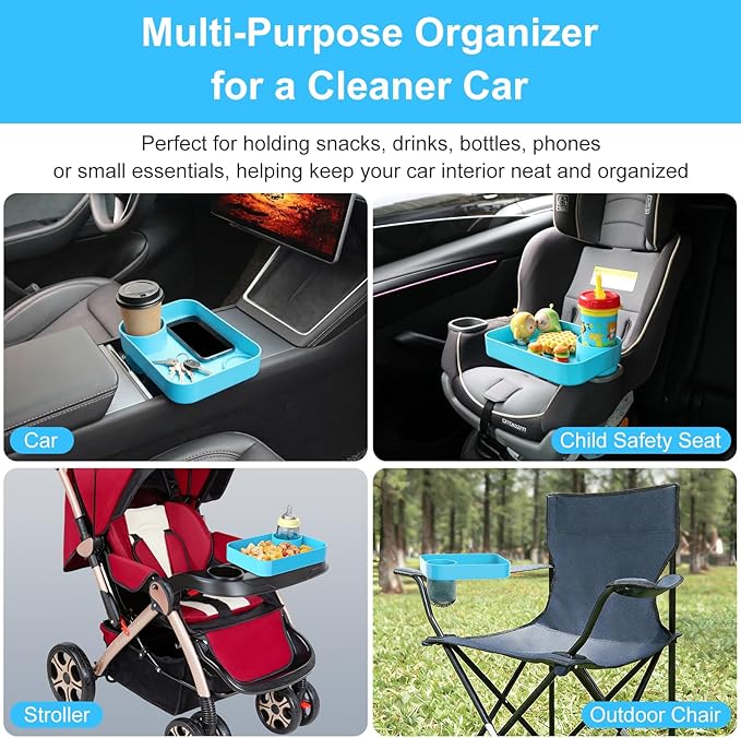 Car Seat Snack Tray for Kids, Square Car Seat Cup Holder Snack Tray with Adjustable Base, Durable CarSeat Tray for Toddlers, Universal Fit for Tesla, Safety Seats, Car Center Consoles (Sky Blue)