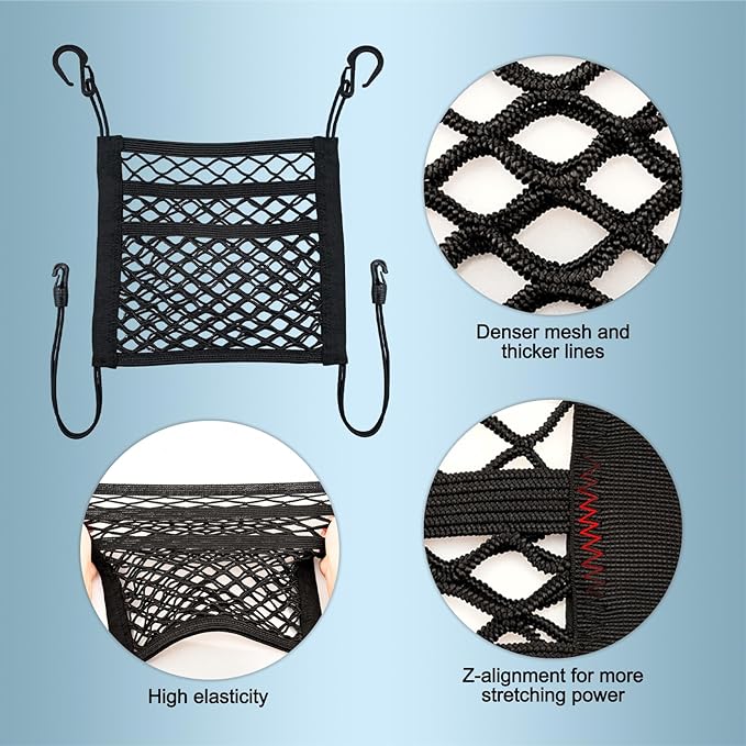 3-Layer Car Mesh Organizer Between Front Seats, 11.8 x 10.6 Inch Car Net Kid Pet Dog Net Barrier with Elastic Storage Pockets for Purses, Tissues, Fits SUV and Van