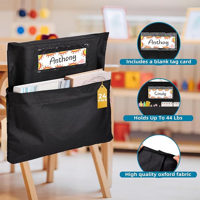 24 Pcs Classroom Chair Pockets, 19.49 x 15.94 inch Chair Pockets For Classroom, Seat Sacks for Classroom Chairs, Buddy Pocket, Chart Seat Back Organizer with Name Tag