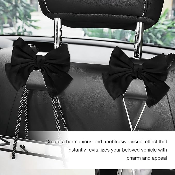 2 PCS Car Seat Headrest Hooks, Adorable Bow Knot Storage Hooks Multipurpose Vehicle Headrest Organizer, Auto Seatback Bowknot Hanger Interior Decoration for Car Truck SUV (Black)