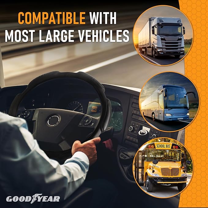 Goodyear Bus and Truck Steering Wheel Cover (18 INCHES) – Semi Truck, Vegan Leather Grip, Non-Slip, Comfortable, Heavy-Duty Protection Steering Wheel Cover