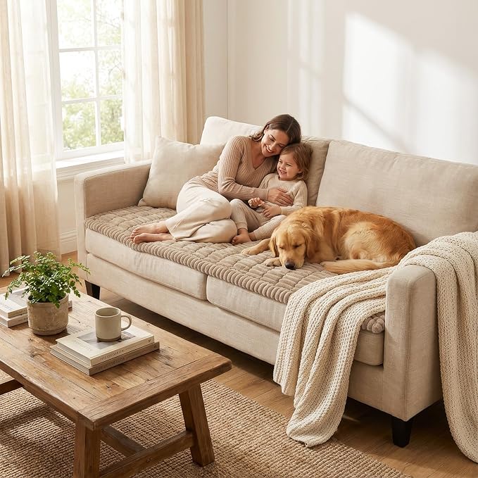 Smiry Couch Cover for Dogs Washable, Non Slip Fuzzy Pet Couch Covers for 3 Cushion Sofa Pet Friendly, Thick Soft Sofa Slipcovers Cushion Protector (Khaki, 27.6" x 82.7")