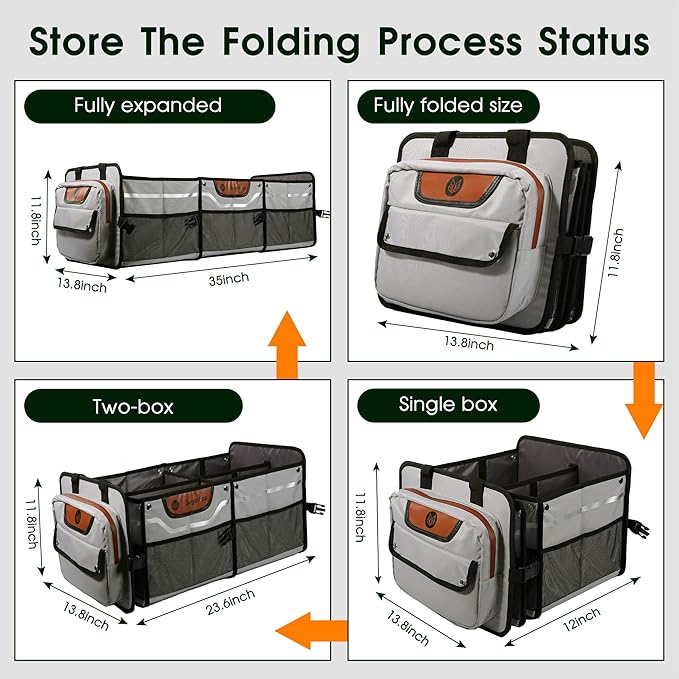 Car Trunk Organizer for SUV, Heavy Duty Waterproof Trunk Organizer, Foldable Collapsible Car Organizer with Cooler, Multi-Compartment Large Trunk Organizer (95L), Gray-M003