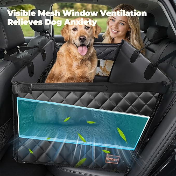 Large Dog Car Seat Integrated Hard-Back, Durable Waterproof Rear Seat Extension Pad Features Dual mesh Windows and Storage Pockets Fits sedans, SUVs, and Trucks