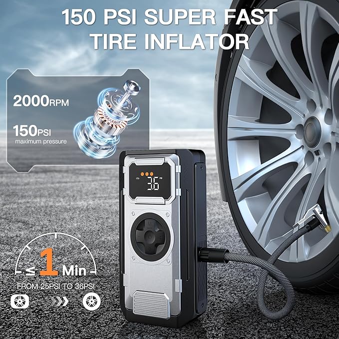 5000A Portable Car Jump Starter with Air Compressor, 150PSI Car Battery Jump Starter (10.0L Gas/8.0L Diesel Engines),12V Pack Jump Box with Large Digital Display, Car Emergency Kit