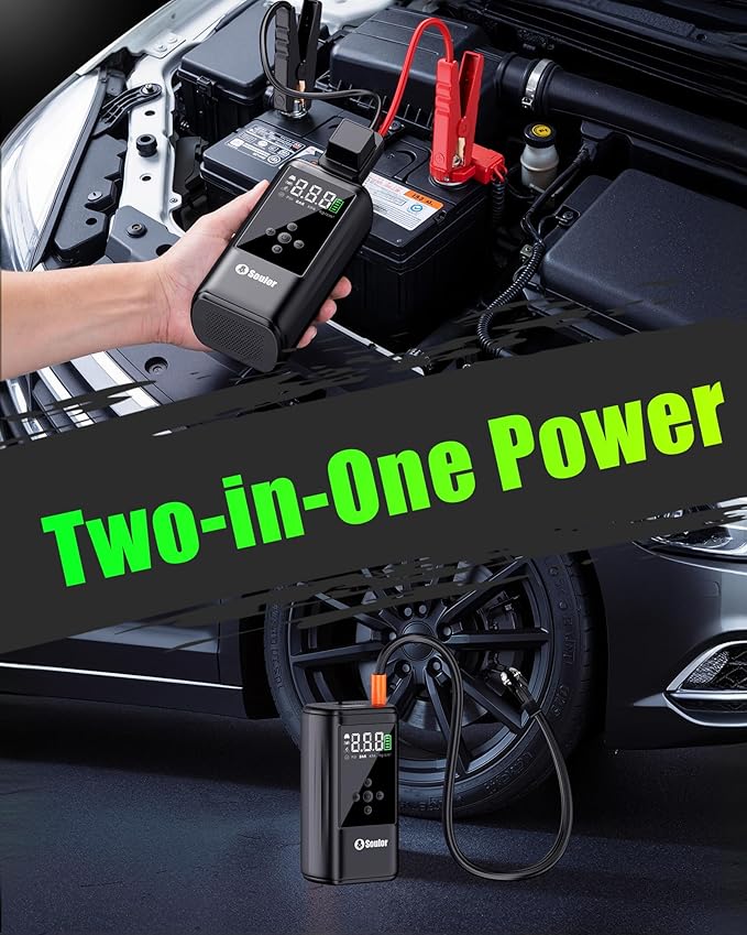 Jump Starter with Air Compressor, 6000A Car Battery Jumper Starter with 160 PSI Tire Inflator Portable, LED Display for 10L Diesel All Cars Engines, Jumper Cables and Light