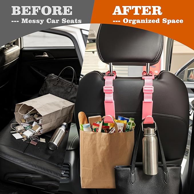 Amooca Car Headrest Hooks 4 Pack Adjustable Universal Fit Auto Seat Back Organizer Storage Hanger Purse Bags Holder with Clip Pink