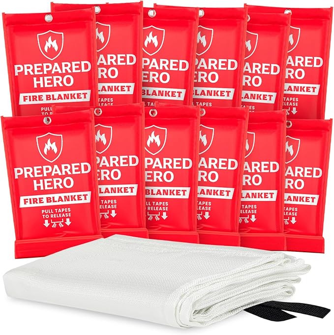 Prepared Hero Emergency Fire Blanket - 12 Pack - Fire Suppression for Kitchen, 39” x 39” Fiberglass Fire Blanket for Home