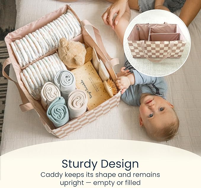 Tiny Twinkle Diaper Caddy Organizer | Foldable Baby Storage Basket with Removable Divider | Waterproof & Mess-Proof Fabric, Portable Nursery Organizer for Newborn Essentials (Black Checkers)