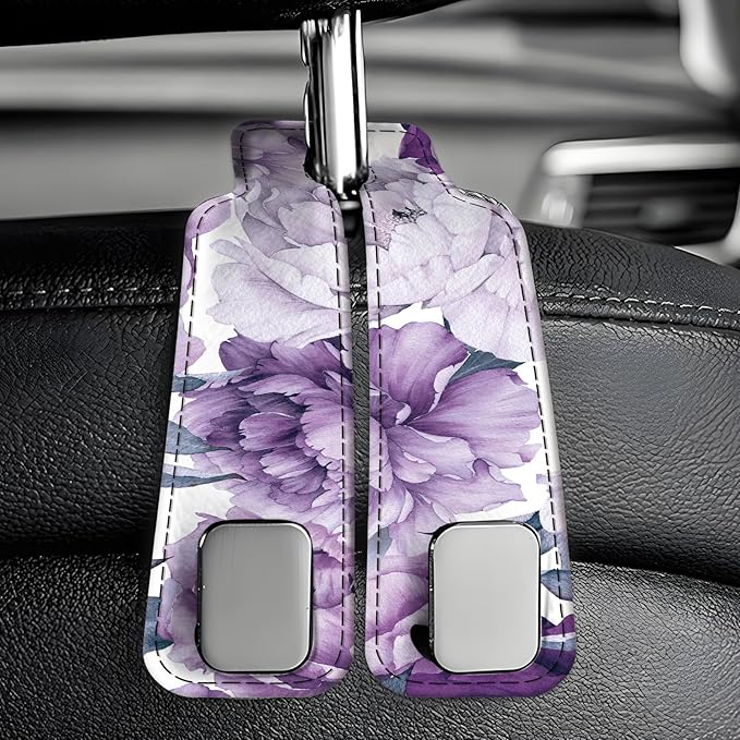 Car Seat Back Storage Headrest Hook, Premium Leather Double Metal Hook, Hanger Storage Organizer for Purse Cloth Bag, Car Interior Accessories Purple Cute Flowers
