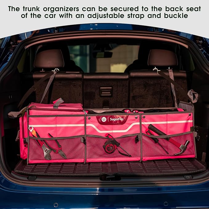 Car Trunk Organizer for SUV, Heavy Duty Waterproof Trunk Organizer, Foldable Collapsible Car Organizer with Cooler, Multi-Compartment Large Trunk Organizer (95L), Pink-M003