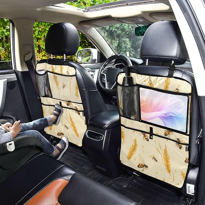 Fall Wheat Yellow Bees 2 Pack Backseat Car Organizer with Storage Pockets Seat Back Organizers for Kids Kick Mats Backseat Protector Automotive