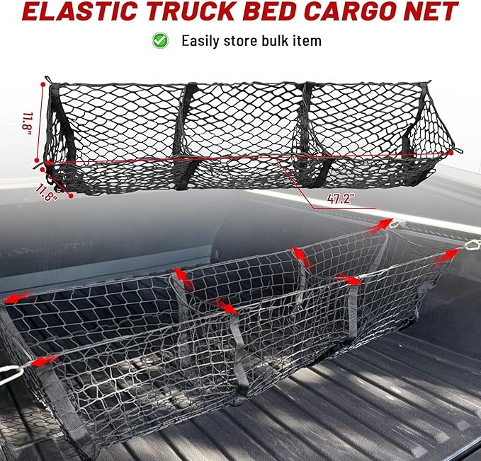 RED WOLF 3 Pocket Cargo Mesh Net for 2024-2025 Tesla Cybertruck Trunk Organizer Netting Rear Bucket Storage Net with L-Track Round Ring D-Carabiner Mounting Hook