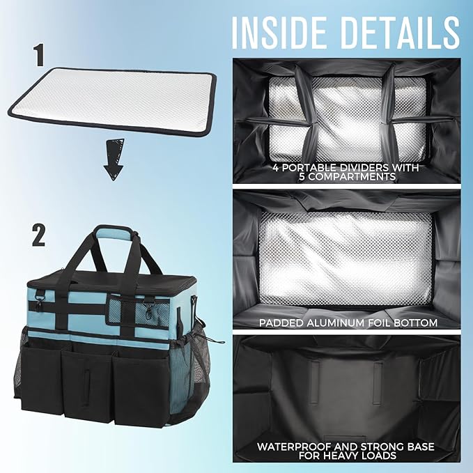 Rolling Cleaning Caddy Bag with Detachable Trolley, Large Cleaning Supplies Organizer with Wheels, Multi Pocket Cleaning Cart with Adjustable Shoulder Strap for Housekeepers & Home, SkyBlue