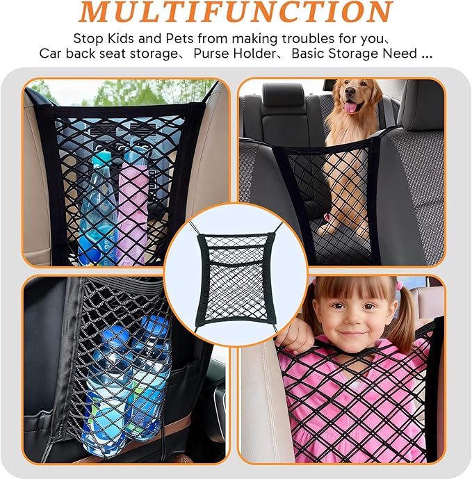 Car Net for Dogs, Dog Barrier for SUV Black 3-Layer Four-Sided Stretchable Dog Net for Car Back Seat with Storage Mesh – Easy Install, Pets Fits Most Cars & SUV