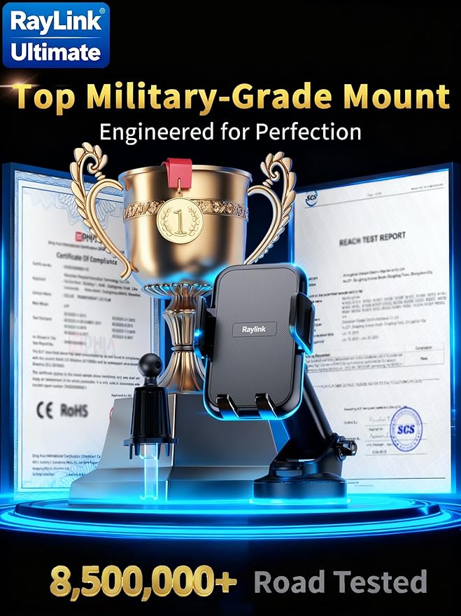 RayLink【2026 True Military-Grade Car Phone Holder【Upgraded Strongest Suction & Clip】 Universal Cell Phone Mount Truck Stand for Dashboard Windshield Vent for iPhone 17 Pro Max 16 15 Samsung