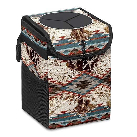 Car Trash Can with Lid Western Aztec Cow Print Collapsible Reusable Leak-Proof Auto Garage Bag,Hanging Vehicle Car Accessories Interior Car Organizer