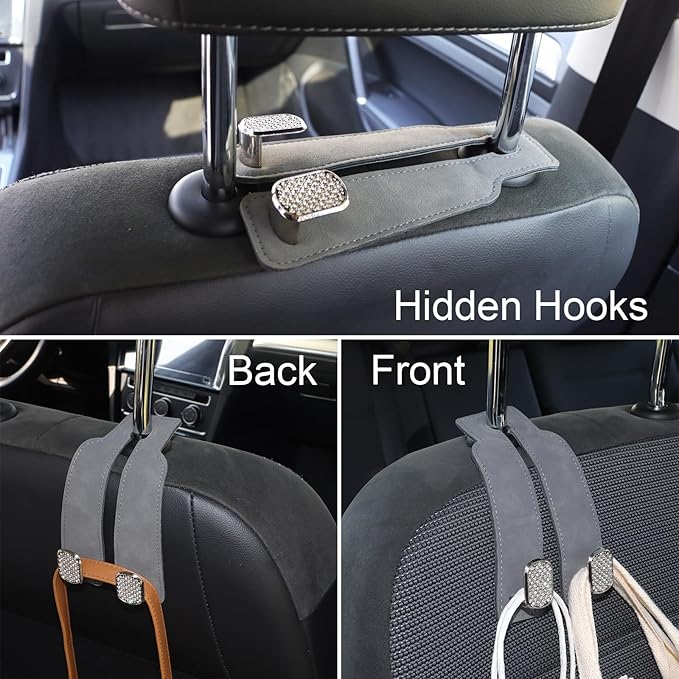 Purse and Bag Hook for Car, Zinc Alloy Seat Headrest Hooks, Upgraded Leather Cute Car Seat Back Purses Hanger and Bags Holder (Grey Diamond, 2Pack)