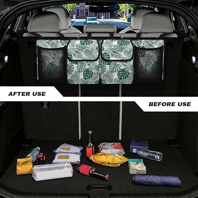 Tropical Leaves Car Backseat Organizer Adjustable & Waterproof Cars Interior Accessories Backseat Hanging Storage Bag with 4 Pockets Universal Fit for Most Cars,SUV,Sedan