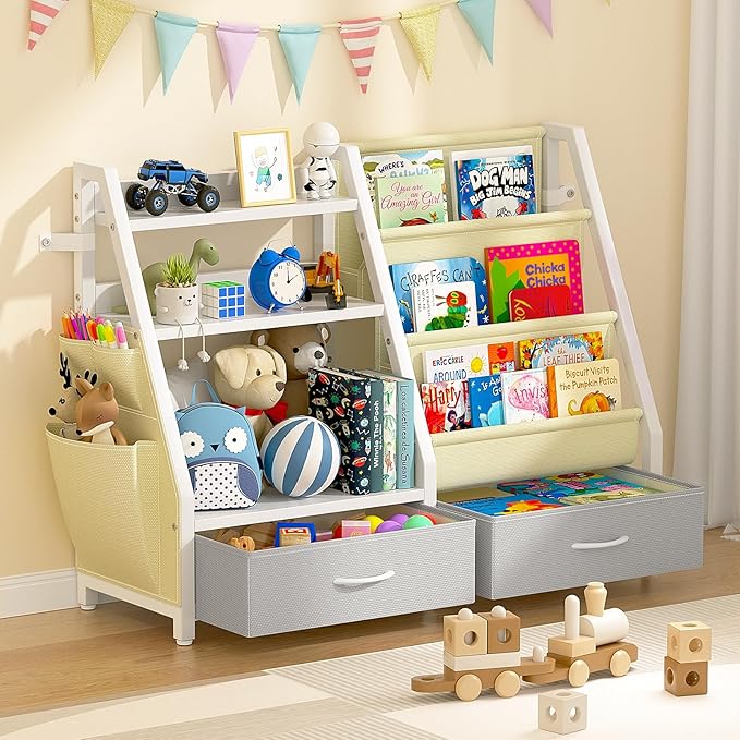 Kids Bookshelf and Toy Organizer, Sturdy 3 Tier Kid Bookcase, Sling Bookshelf and 2 Toy Bins, Toddler Montessori Book Shelf with Toy Storage Organizer for Children Room, Playroom, Nursery