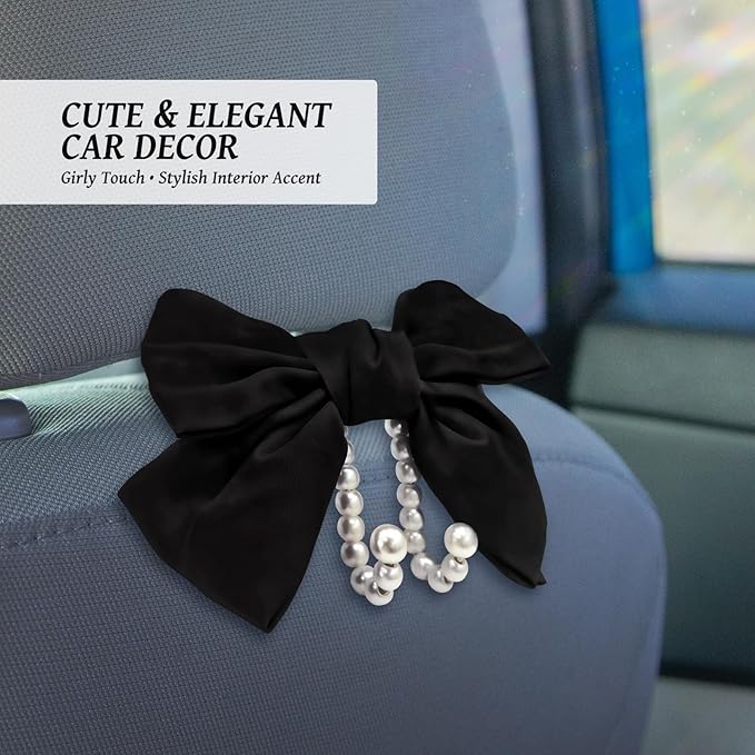 2 PCS Bow Pearl Car Seat Headrest Hook – Cute Purse Hook for Car, Girly Interior Decoration Accessories Hook Hanger, Seatback Holder for Purses & Bags, Elegant Car Organizer (Black)