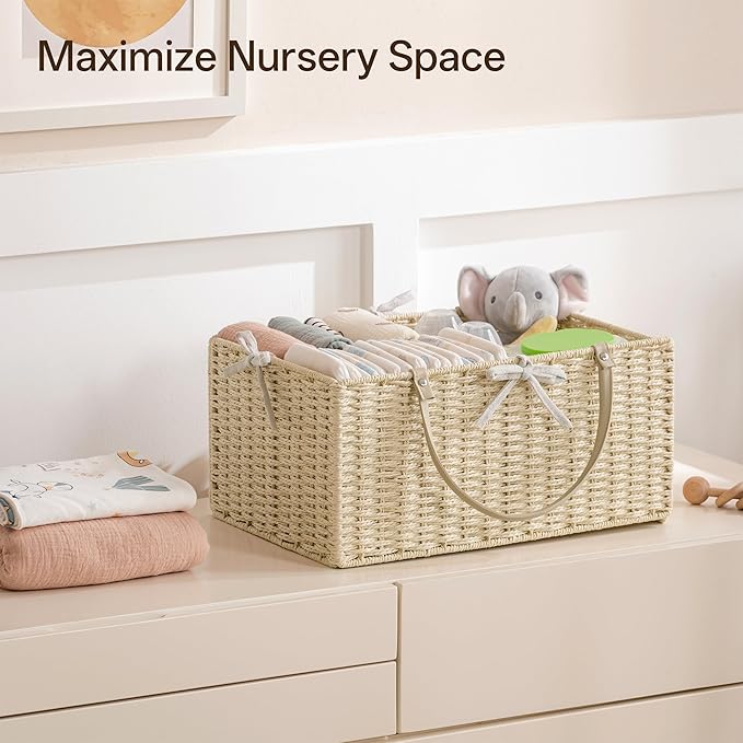 Angelhood Large Paper Rope Diaper Caddy, Baby Essentials Organizer, Portable Baby Shower Baskets Gift Bin, Car Storage Bag for Nursery