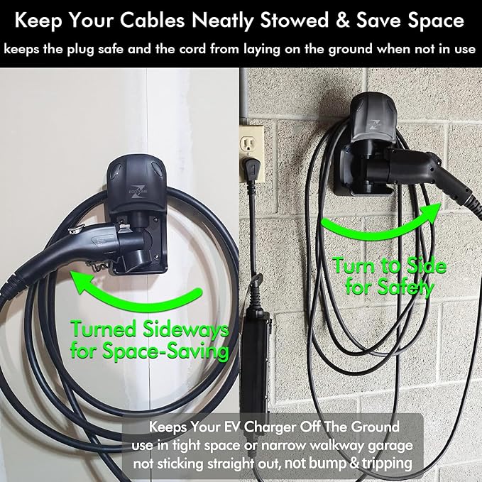EV Charger Holder, Swivel Electric Car Charger Wall Mount, Garage or Tight Space Use, Not Stick Out, Keep 25ft Cord Off Floor, J1772 Charging Cable Organizer Hanger