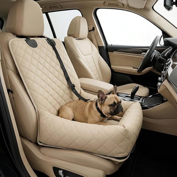 Microfiber Leather Dog Car Seat for Small & Medium Dogs, Waterproof Pet Car Seat with Washable Pee Pad, Scratch & Fur Resistant, Foldable Dog Bed for Home & Travel, Non-Slip Design, Matte Beige