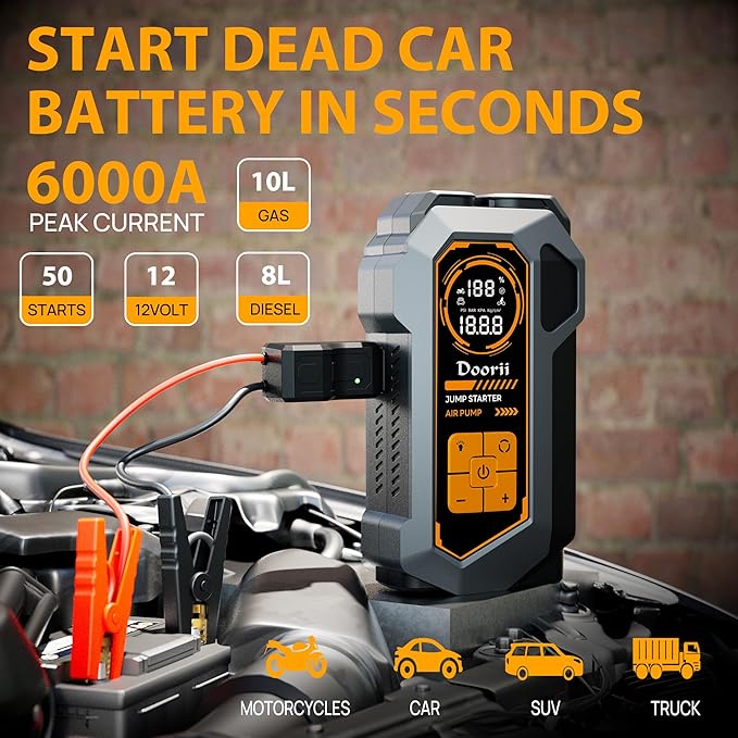 Jump Starter with Air Compressor, Car Jumper Starter Portable 6000A, 150PSI Tire Inflator/Air Pump, LED Flashlight for Up to 10.0L Gas / 8.0L Diesel Engines