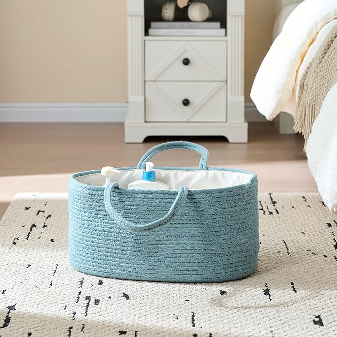 luxury little Diaper Caddy Organizer, Large Cotton Rope Nursery Baby Basket, Changing Table Organizer for Baby Diaper Storage, Portable Car Organizer Removable Divider (Lake Blue, Extra Large)