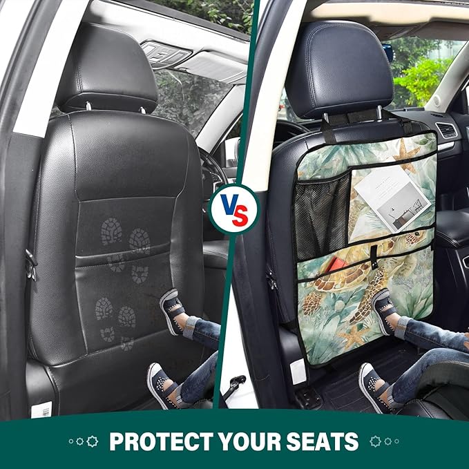 2 Pack Back Seat Car Organizer with Storage Pockets Kick Mats Back Seat Protector Hanging Car Organizer Automotive Seat Back Cover Organizers Sea Turtle Starfish Plants