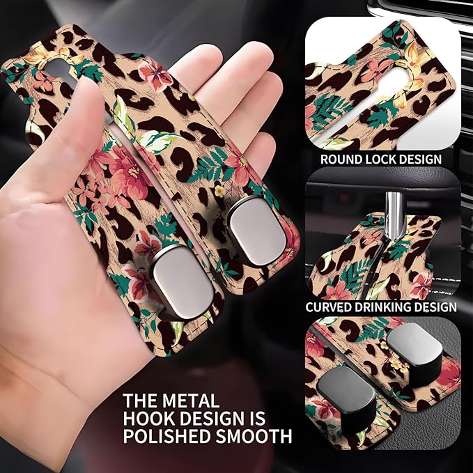 Car Seat Back Storage Headrest Hook, Premium Leather Double Metal Hook, Hanger Storage Organizer for Purse Cloth Bag, Car Interior Accessories Cute Flower Leopard