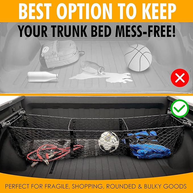 Envelope Style Trunk Cargo Net with 3 Pockets for Ram 1500 2019-2025 - Car Accessories - Premium Trunk Organizers and Storage - Cargo Net for SUV Truck - Best Carrier Organizer for Ram 1500