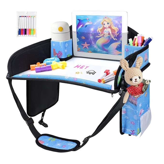Kids Travel Tray, Kids Travel Trays for Car Seat, Road Trip Essentials for Toddler, Carseat Lap Tray with Dry Erase Board & Storage Organizer for Road Trip Activities for Kid, Bluish Violet