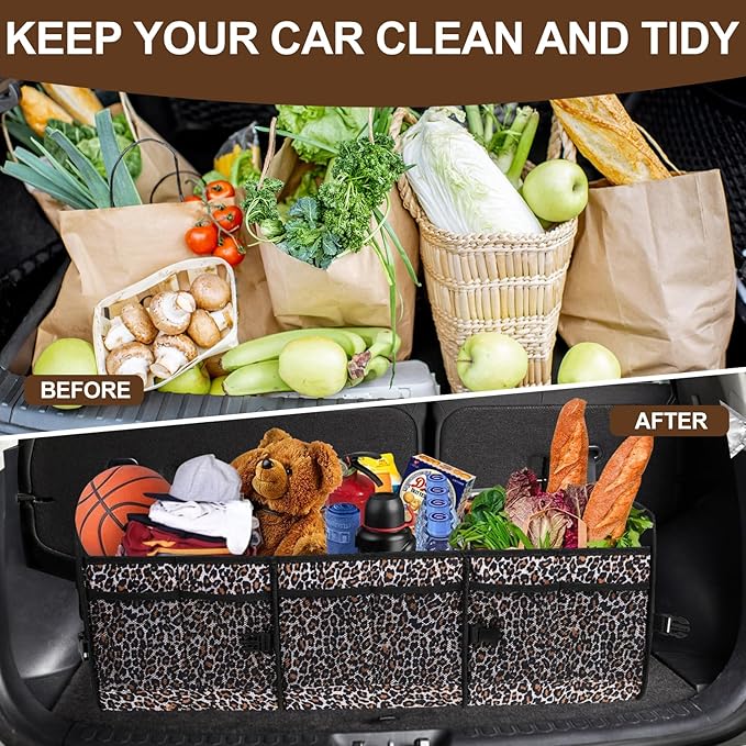 Leopard Print Trunk Organizer - 95L Large Capacity, Non-Slip Bottom, Waterproof, Portable Car Storage for SUV, Truck, Sedan