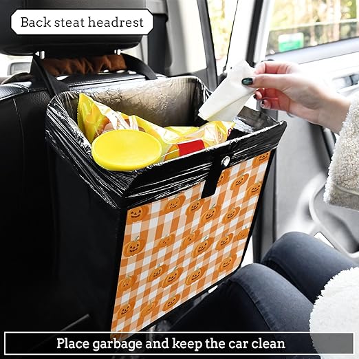 Car Trash Can Organizer Bin with Adjustable Strap for Back Front Seat Console Waterproof Leakproof Collapsible Portable 11 Inch Halloween Orange Plaid Pumpkin Heads