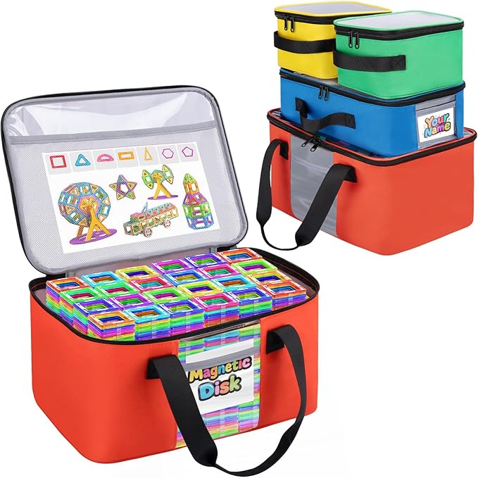 4 PCS Toy Storage Bags, Magnetic Tiles Bag With Visual Top Flap, Label Pocket and Mesh Pockets Fit for LEGO, Building Blocks, Magnetic Tiles, Toy Cars