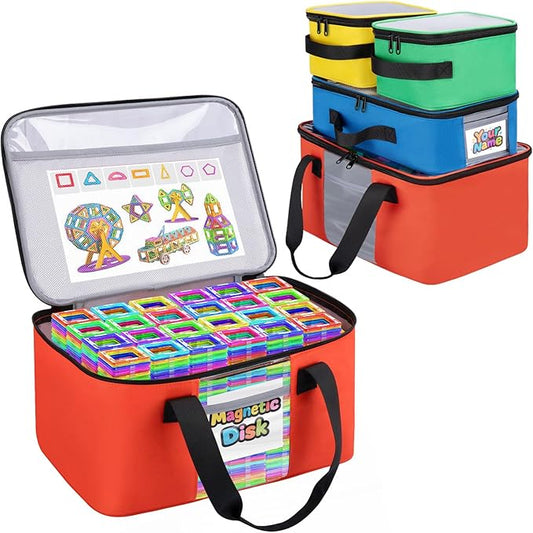 4 PCS Toy Storage Bags, Magnetic Tiles Bag With Visual Top Flap, Label Pocket and Mesh Pockets Fit for LEGO, Building Blocks, Magnetic Tiles, Toy Cars