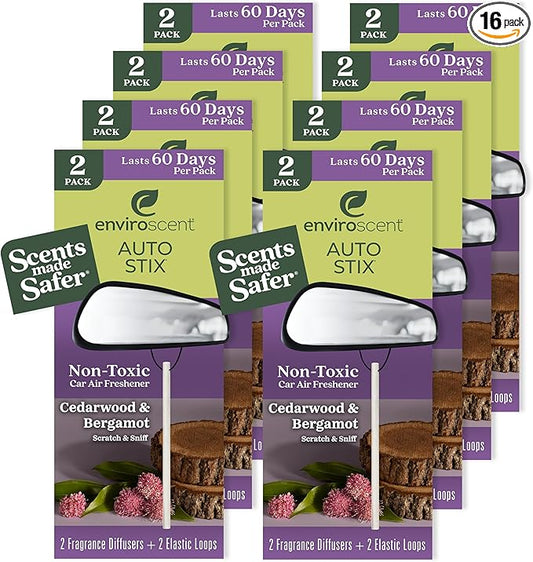 Enviroscent Non-Toxic* Car Air Freshener Auto Stix® - Scents Made Safer - Enjoy Fragrance That Lasts Up to 480 Days - Includes Auto Stix® Diffusers & Elastic Loops - Cedarwood & Bergamot (Pack of 8)