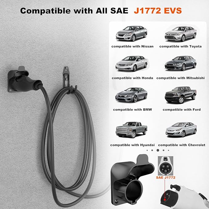 EV Charger Holder Wall Mount J1772 Charging Cable Organizer Heavy Duty & No Cable Cutting Electric Car Plug Nozzle Holster Dock