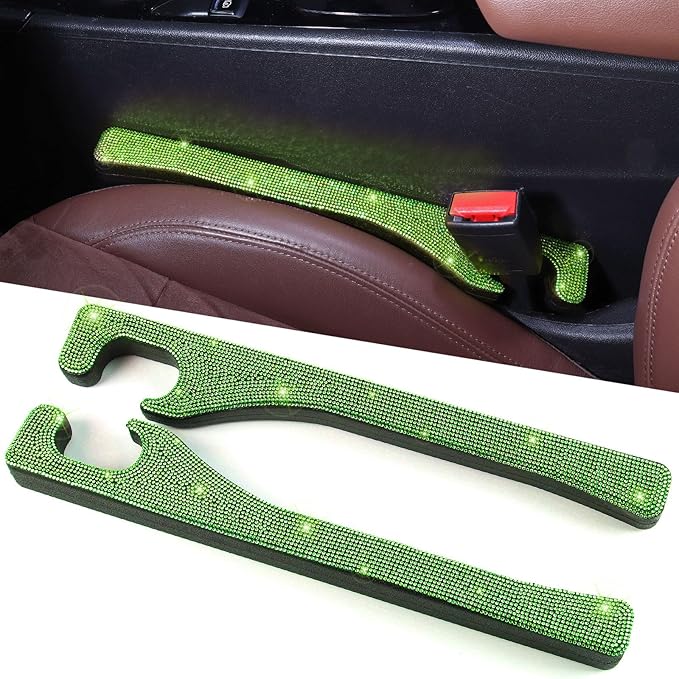 Briwill Green Bling Car Seat Gap Filler, Set of 2 Handmade Crystal Rhinestone Diamond Green Car Gap Filler Fit for Car Truck SUV Lime Green Bling Car Accessories(Grass Green)
