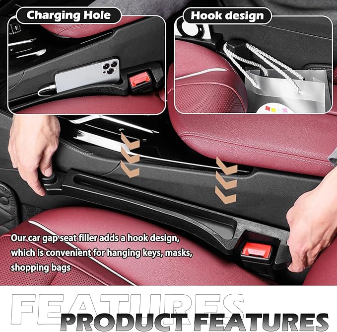 2PCS Upgraded Car Seat Gap Filler Organizer,Versatile Car Gap Filler Organizer with Hooks & Storage Slots Design,Soft Cars Seat Gaps Fillers Strip Cars Accessories Interior