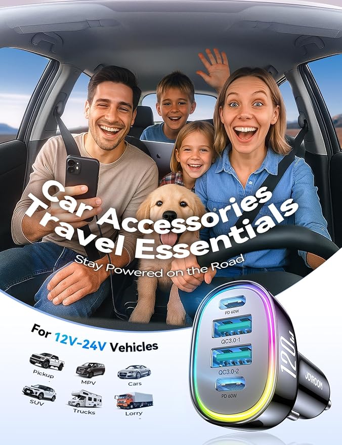 120W for iPhone 17 16 Pro Max Car Charger USB C Fast Charge, 4-Port Car Charger Cigarette Lighter Adapter, Dual 60W USBC & USB-A Multiport Car Adapter for iPhone 17 Pro/15/14/13, Galaxy S26/S25, iPad